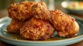 Food photography, fried chicken, golden and crispy, captured mid-drip with honey on a classic blue diner plate