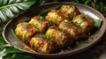 Food photography, holubtsi (stuffed cabbage rolls) from a traditional wood-fired oven, on a ceramic plate with a