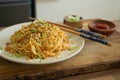 Food photography of an Italian Chinese fusion dish of mie noodles with bamboo pesto Royalty Free Stock Photo