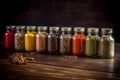 Food photography jar spices on wooden board. Generate Ai