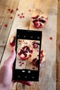 Food Photography on Mobile Phone. Woman Makes Photo Pomegranate