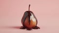 Food photography, poached pear with chocolate sauce dripping, pastel turquoise background. Modern hi fashion cuisine