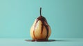 Food photography, poached pear with chocolate sauce dripping, pastel turquoise background. Modern hi fashion cuisine