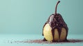 Food photography, poached pear with chocolate sauce dripping, pastel turquoise background. Modern hi fashion cuisine