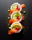 food photography, sushi rolls with salmon and cucumber on a black background