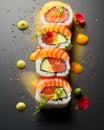 food photography, sushi rolls with salmon and cucumber on a black background