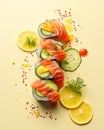 food photography, sushi rolls with salmon and cucumber on a light yellow background, lemon slices around