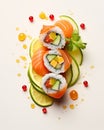 food photography, sushi rolls with salmon and cucumber on a white background, lemon slices around