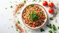 Food photography, tabbouleh, finely chopped parsley and tomatoes, dust explosion of bulgur, on a minimal white