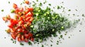 Food photography, tabbouleh, finely chopped parsley and tomatoes, dust explosion of bulgur, on a minimal white