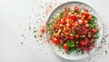 Food photography, tabbouleh, finely chopped parsley and tomatoes, dust explosion of bulgur, on a minimal white