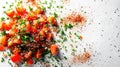 Food photography, tabbouleh, finely chopped parsley and tomatoes, dust explosion of bulgur, on a minimal white