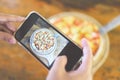 Food photography woman hands make photo Pizza with smartphone - taking photo food for post and share on social networks with