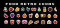 Food pixel art 80s style icons element design stickers, logo, mobile app, menu. Game assets 8-bit sprite sheet. Fast