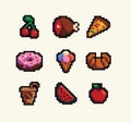 Food pixel art 80s style icons element design stickers, logo, mobile app, menu. Game assets 8-bit sprite sheet. Fast
