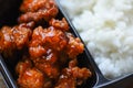 Food in plastic box food delivery concept, Teriyaki chicken in plastic box easy cooking at home Royalty Free Stock Photo