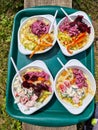 Food in plastic disposable bowls. Four bowls with different types of salad on the tray Royalty Free Stock Photo