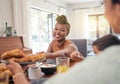 Food plate, breakfast and happy family eating, giving meal or enjoy morning time together, lunch or brunch at home Royalty Free Stock Photo