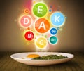 Food plate with delicious meal and healthy vitamin symbols Royalty Free Stock Photo