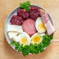 Food on a plate. Sausage, cheese, eggs with herbs.