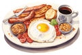 Food plate traditional breakfast english egg bacon toast meal sausage background white fried