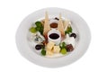 Food in a plate on a white background. Isolate. Salad. meat. cheese.