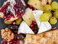 Food Platter With Truffle Cheese, Duck Breast, Brie Cheese, Pecan Nuts, Pomegranate Seeds, Grapes, Almonds, Honey, Olives Royalty Free Stock Photo