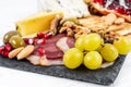 Food Platter With Truffle Cheese, Duck Breast, Brie Cheese, Pecan Nuts, Pomegranate Seeds, Grapes, Almonds, Honey, Olives Royalty Free Stock Photo