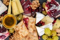 Food Platter With Truffle Cheese, Duck Breast, Brie Cheese, Pecan Nuts, Pomegranate Seeds, Grapes, Almonds, Honey, Olives Royalty Free Stock Photo