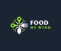 Food point logo design. Rose of wind with map marker and spoon, fork vector design