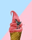 Food pop art photography. Contemporary art collage. Young woman skiing on delicious berry icecream. Surrealism. Winter