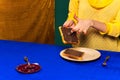 Food pop art photography. Cropped portrait of girl and sweet chocolate toasts on blue tablecloth. Vintage, retro style Royalty Free Stock Photo