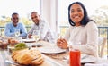 Food, portrait and woman at friends brunch, lunch and celebration event for happy reunion, bond or quality time. Love Royalty Free Stock Photo