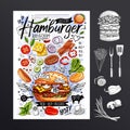 Food poster, ad, fast food, ingredients, menu, burger. Sliced veggies, bun, cutlet, cheese, meat, bacon. Yummy cartoon