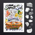 Food poster, ad, fast food, ingredients, menu, sandwich, sub, snack. Sliced veggies, cheese, salmon, avocado. Yummy Royalty Free Stock Photo