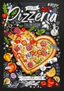 Food poster, ad, fast food, ingredients, pizzeria menu, pizza, heart. Sliced veggies, cheese, pepperoni, splash. Yummy