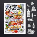 Food poster, ad, fast food, menu, Mexican cuisine, nachos, burritos, tacos, snack. Avocado, cheese, bean, corn, chicken