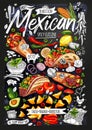 Food poster, ad, fast food, menu, mexican cuisine, nachos, burritos, tacos, snack. Avocado, cheese, bean, corn, chicken