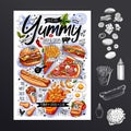 Food poster, ad, fast food, set, menu, burger, pizza slice, sandwich, roll, chicken, fries, hot dog, grilled eggs, snack