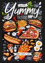 Food poster, ad, fast food, set, menu, burger, pizza slice, sandwich, roll, chicken, fries, hot dog, grilled eggs. Yummy