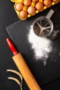 Food preparation concept over head shot kitchen tools for Kneading dough for bakery, pizza or pasta on black background with copy Royalty Free Stock Photo