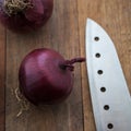 Food preparation, cooking concept: fresh raw red onions, knife on a rustic wooden cutting board background Royalty Free Stock Photo