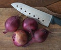 Food preparation, cooking concept: fresh raw red onions, knife on a rustic wooden cutting board background Royalty Free Stock Photo
