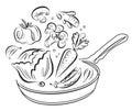 Fresh ingredients and frying pan. Food preparation. Vegetables and spices. Cooking concept vector illustration