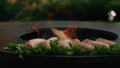 Food preparing for bbq party. Juicy sausages cooking with herbs outdoors Royalty Free Stock Photo