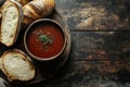 food presentation, rustic wooden table with borscht soup, fresh bread, and text space Royalty Free Stock Photo