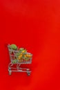 food prices.Vegetables and fruits price increase.food crisis.supermarket trolley with groceries and up arrow on a red Royalty Free Stock Photo