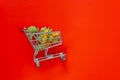 food prices.Vegetables and fruits price increase.food crisis.supermarket trolley with groceries and up arrow on a red Royalty Free Stock Photo