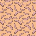 Food print, Pink delicious juicy sausages on beige background, seamless pattern