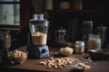 Food processor filled with freshly roasted peanuts being transformed into creamy, delicious peanut butter.